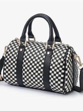 Classic Black & White Checkered Satchel Bag Vegan Leather